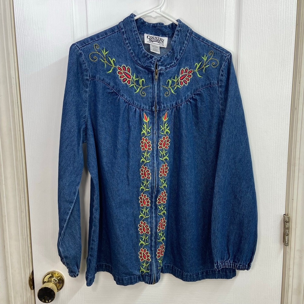 Vintage Country Store blue denim cotton floral embroidered mock neck zip jacket